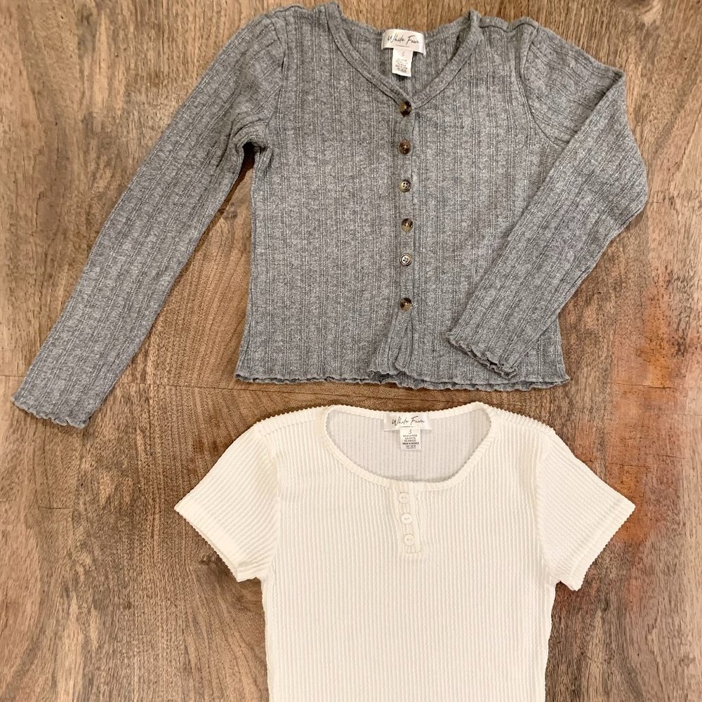 White Fawn Ribbed Button-Front Girls Shirt and Cardigan Bundle